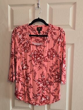 JM Collection Coral Pink Floral Long-Sleeve Scoop Neck Top